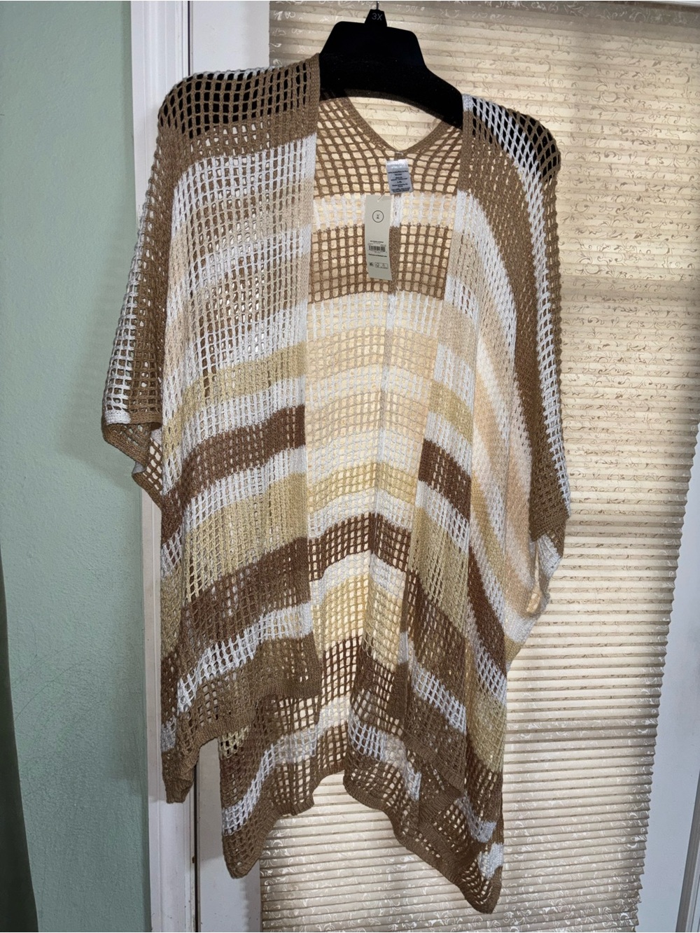 Lightweight Open-Knit Striped Shawl Cardigan - White & Tan